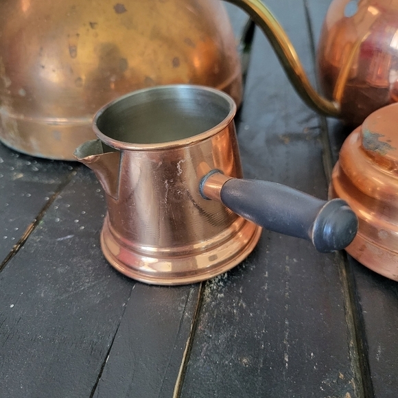 Vintage Copper Tea Pot Wooden Handle Set Water Steamer Measuring Cup - Picture 2 of 16